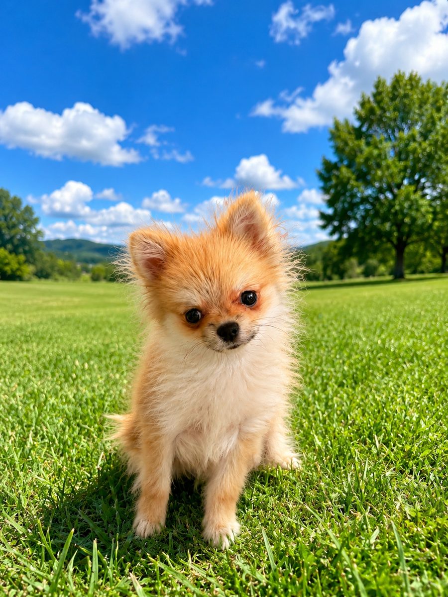 Fluffy Pomeranian puppy sitting in a grassy yard